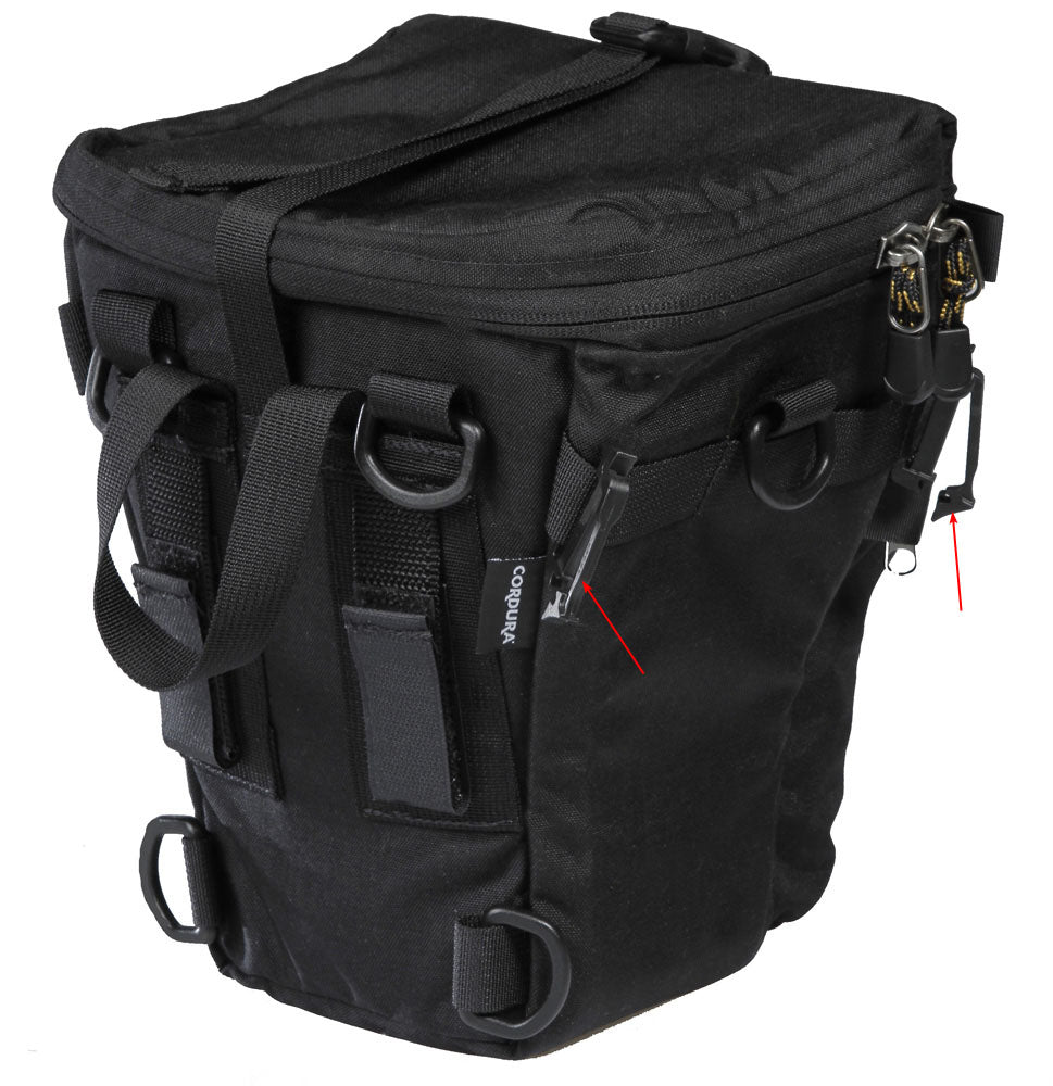 Attached to the side of the bag are a pair of Siamese SlikClip buckles, for attaching old style “TwinBuckle” pouches. These are no longer included, but free upon request.