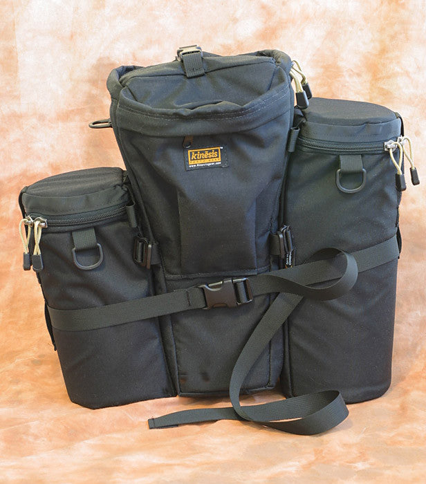 Two lens pouches can be attached to either side of a holster case (C640 shown) and stabilized with a Y205 strap or a pair of Y305 straps.