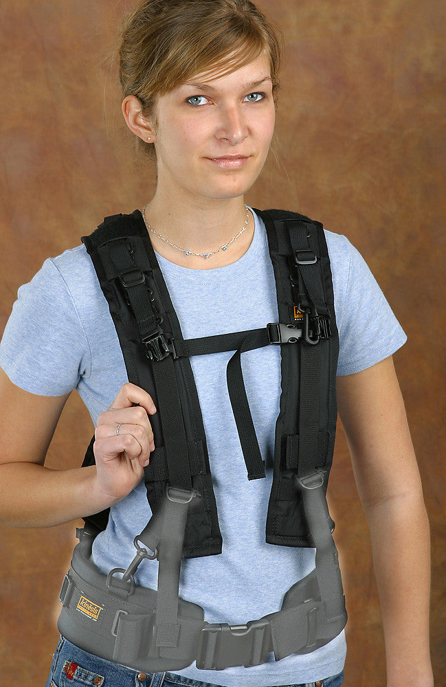 X-Harness with optional waist belt (NOTE: belt IS NOT required for this harness to function. The waist belt is only for carrying extra pouches or, when used with the H163 adapter shown, as suspenders to “pull up” the waist belt a little).