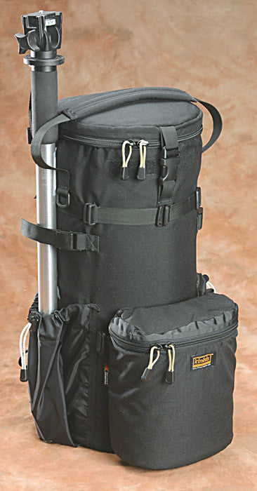 A monopod will fit in the side pocket and is secured to the top using built-in straps. L511, NOT L522 shown. 