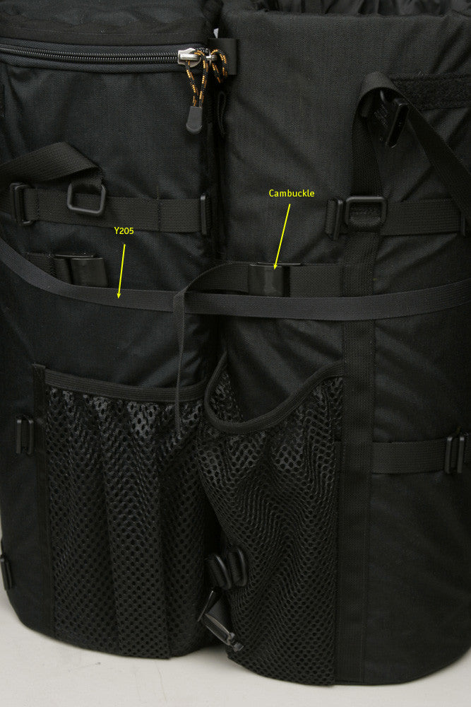 Detail of attaching two long lens cases together. Take the strap from the cam buckle and attach it to the buckle of the OTHER case.