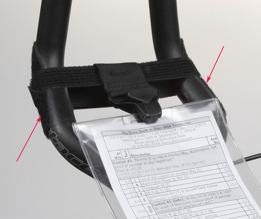 Detail shot showing the pair of adhesive Velcro strips which you attach to your bars to hold the cue sheet in place.