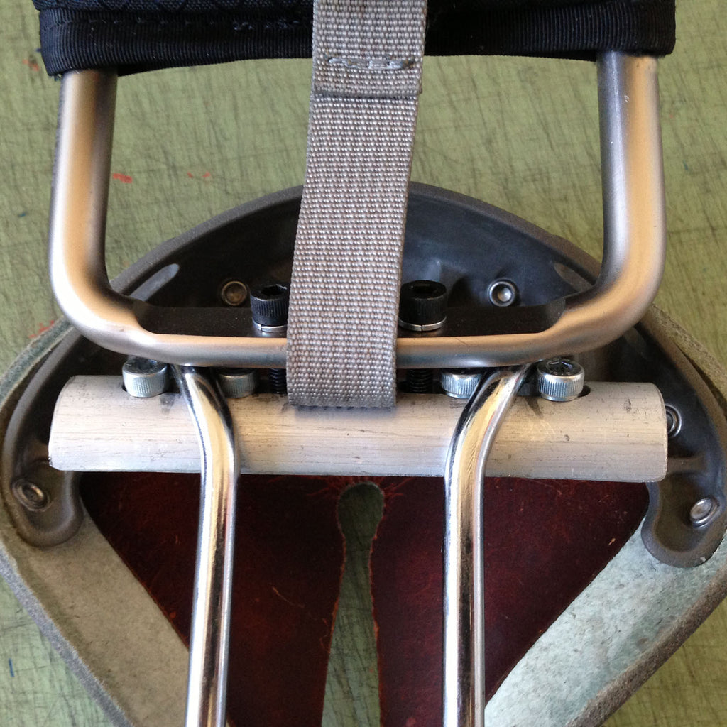Close-up detail of the adapter on a Rivet saddle.