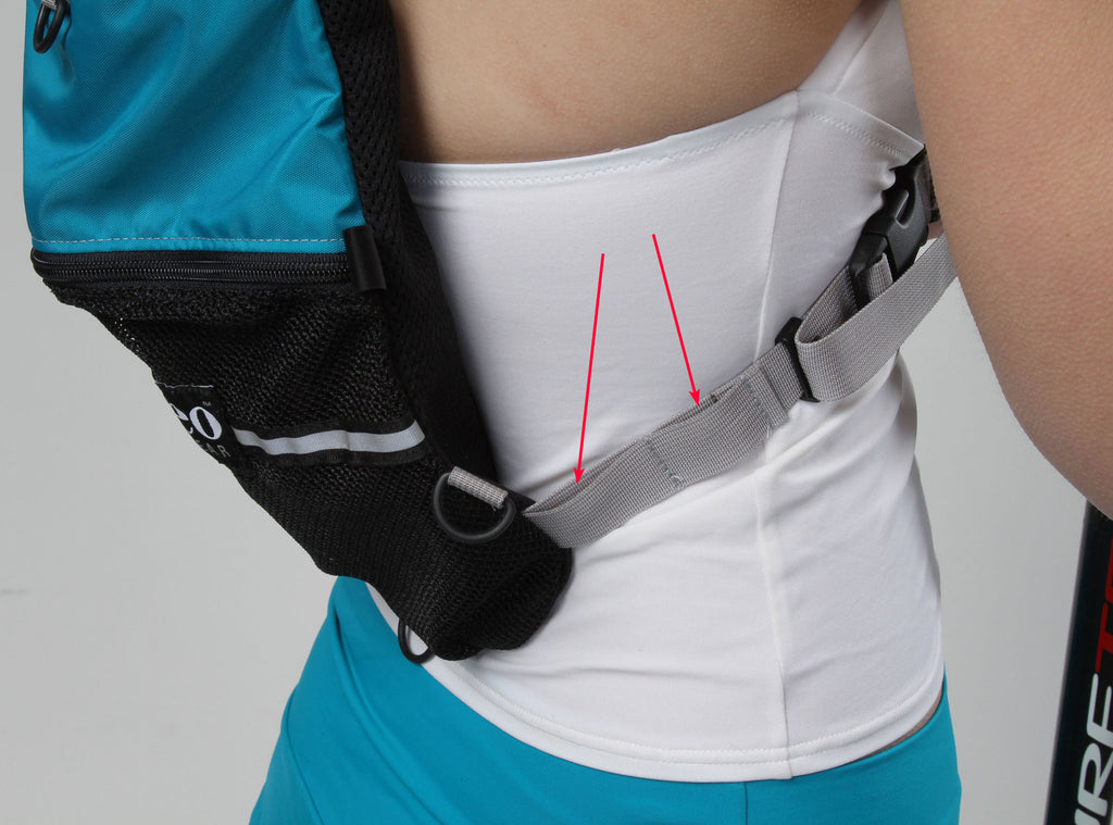Arrows point to slots for attaching bottle pouch or future accessories.