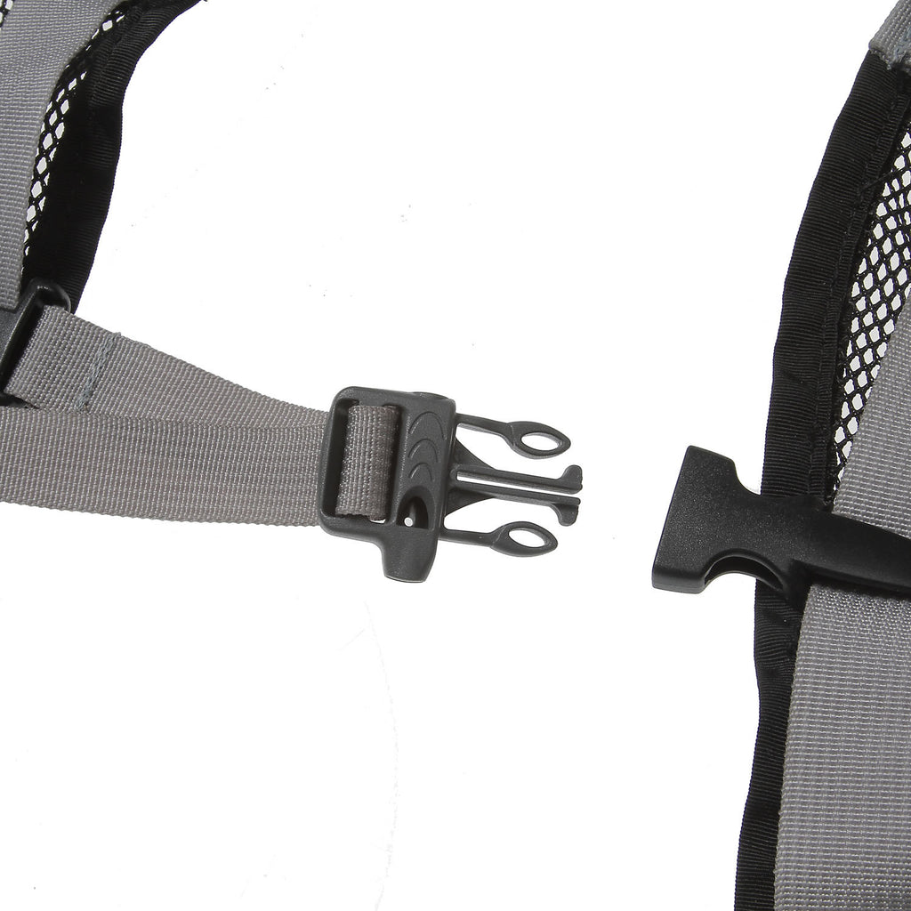 The sternum strap buckle has a built-in whistle.
