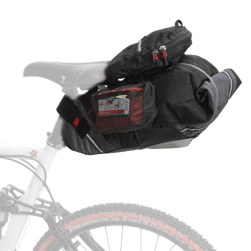 Accessories or pouches can be attached to the top and/or sides of the bag (exercise caution on a single track with side pouches).