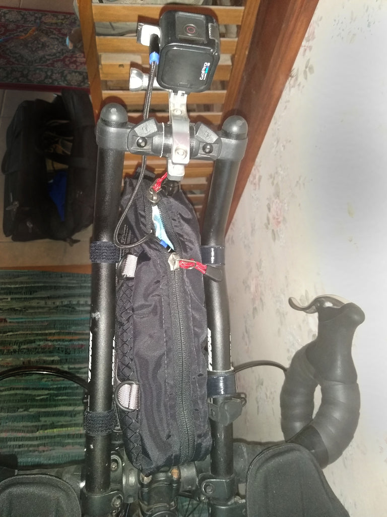 The bag can be mounted  “normally” with the zipper upright as seen in this photo sent in by a customer. It is mounted to a Trek 520 touring bike. Photo: T. Hutt