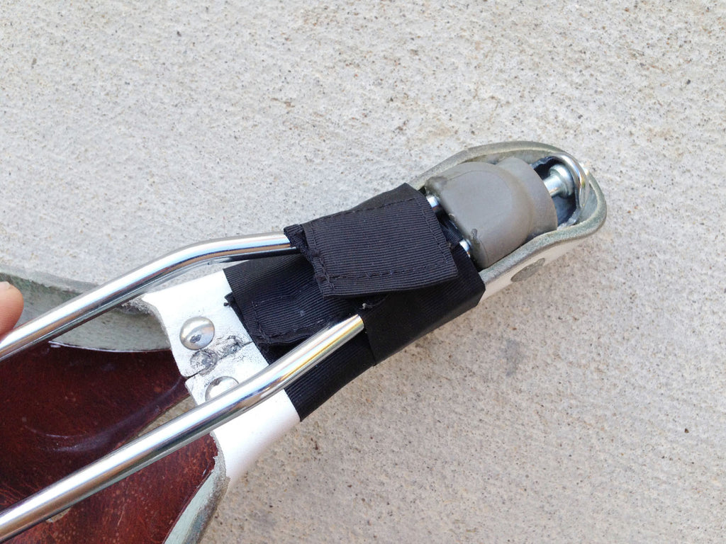 INSTRUCTIONS: On a Rivet saddle, place one strap over and one underneath the rails.