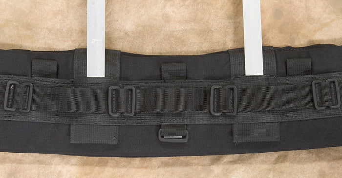 The Heavy-duty belts have special pockets built in for inserting the aluminum staves of a Kinesis backpack. The standard weight Kinesis Black Belts do not have this pocket, however a B503 adapter can be added for this purpose.