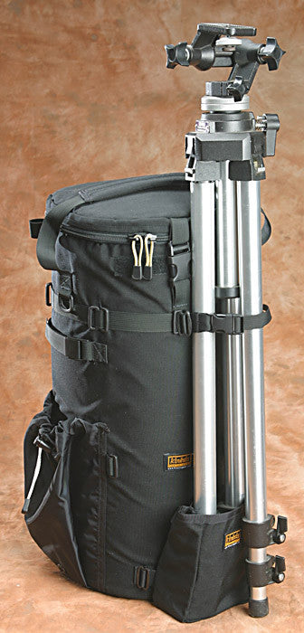 Add a tripod to the rear (or right side) of a long lens case with the addition of a Y204 strap & T164 pouch. Or mount the tripod upside down when using a ballhead with a ballhead pouch instead. L511, NOT L522 shown.