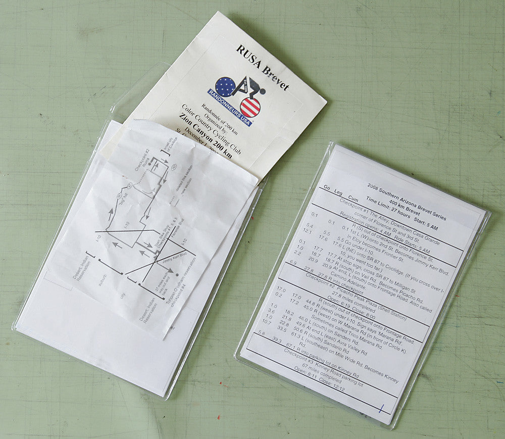 The pouch will hold 6-7 pages including cue sheets, brevet cards, maps & a pencil.