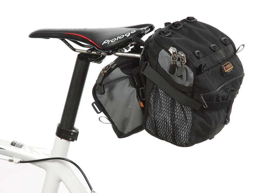 For more capacity, the 2.3-DT (#2223) bag can be mounted forward of a larger bag on the L-Bracket (old style 2.2 bag shown).
